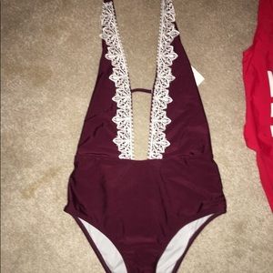 Maroon and white lace one piece swimsuit